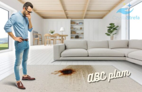 Mężczyzna stojący na poplamionymi dywanie w salonie