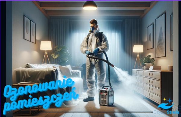 Mężczyzna w kombinezonie z onozatorem przeprowadzający ozonowanie pokoju