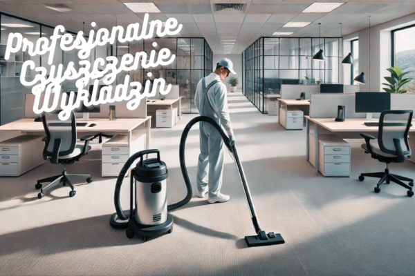 Mężczyzna sprzątający wykładziny w biurze przy użyciu odkurzacza piorącego
