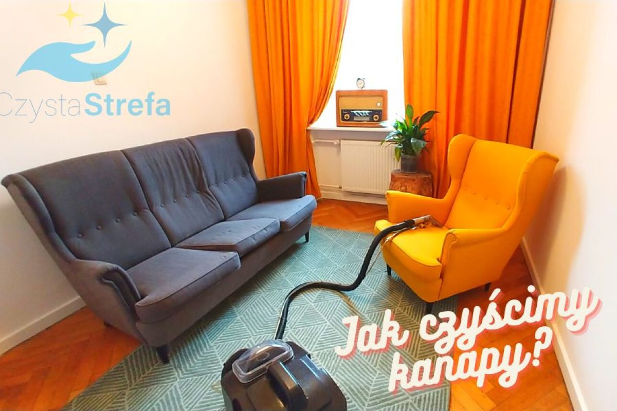 Pranie pomarańczowego fotela i szarej sofy w mieszkaniu