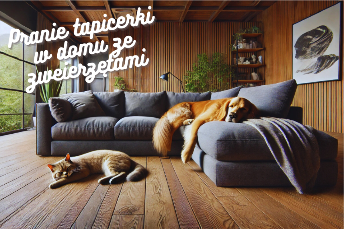 Czysta kanapa z psem i kotem pozbawiona sierści po czyszczeniu tapicerki