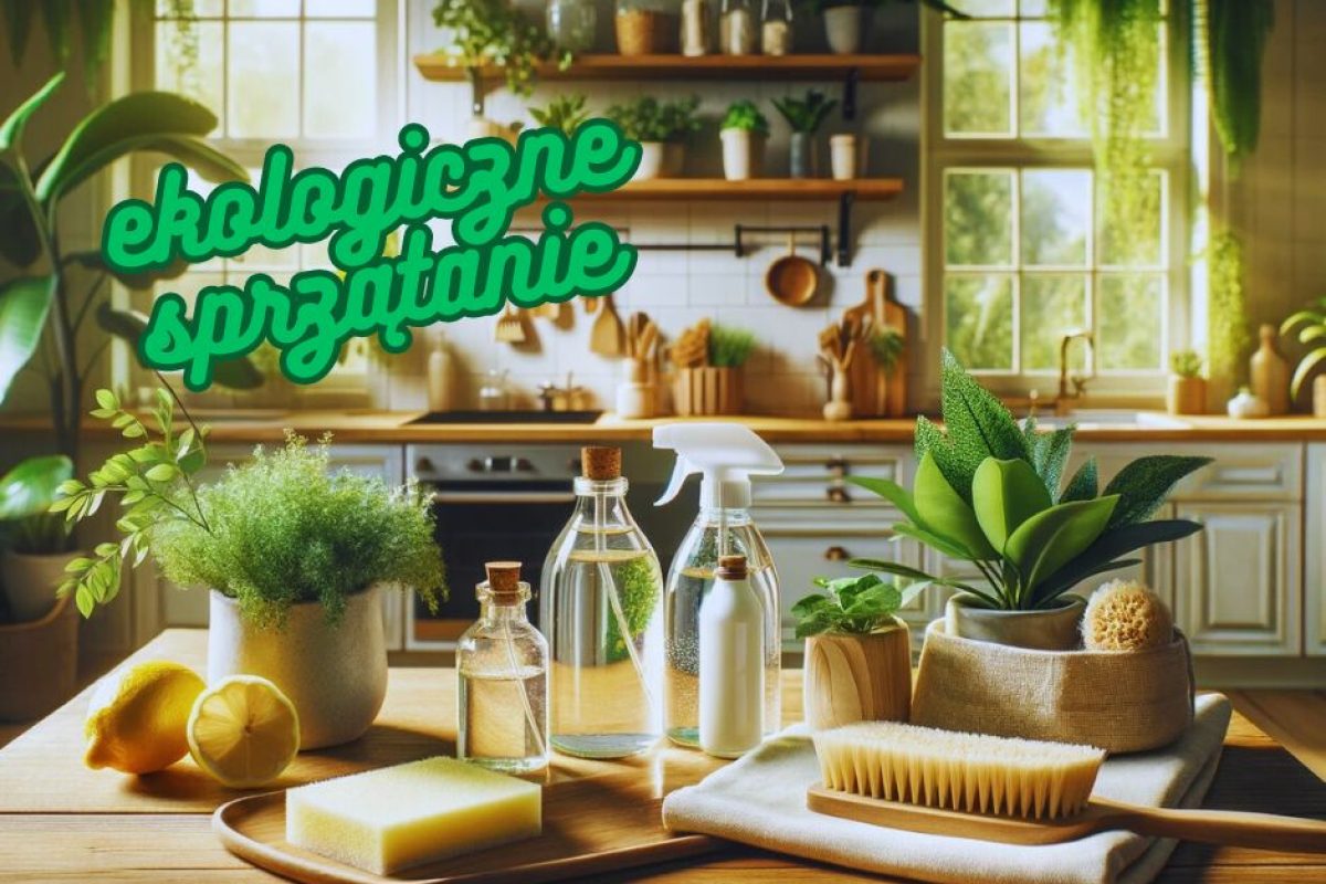 Stół z ekologicznymi środkami do sprzątania i naturalnymi roślinami znajdujący się w kuchni