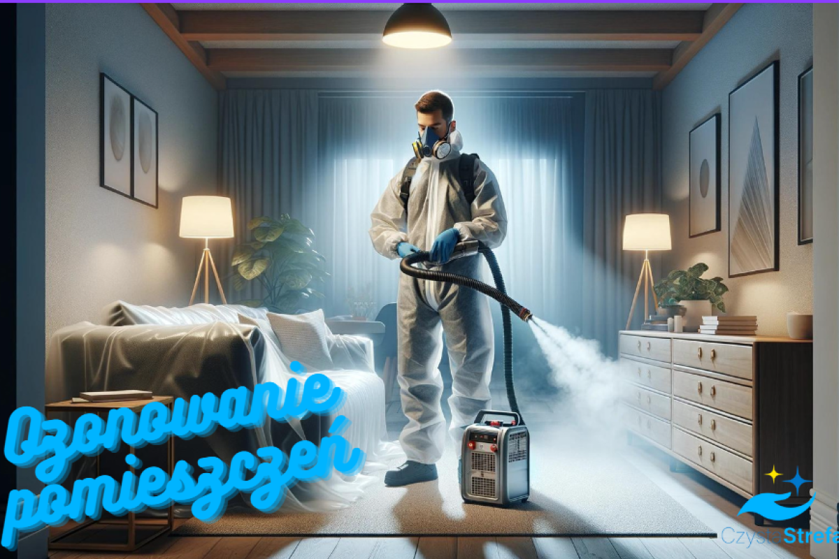 Mężczyzna w kombinezonie z onozatorem przeprowadzający ozonowanie pokoju