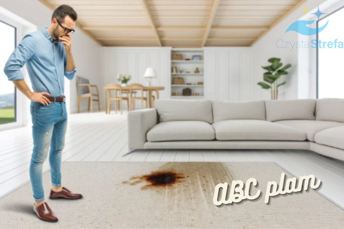 Mężczyzna stojący na poplamionymi dywanie w salonie