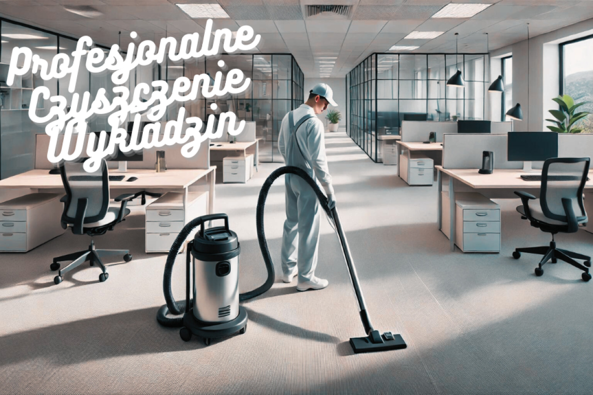 Mężczyzna sprzątający wykładziny w biurze przy użyciu odkurzacza piorącego